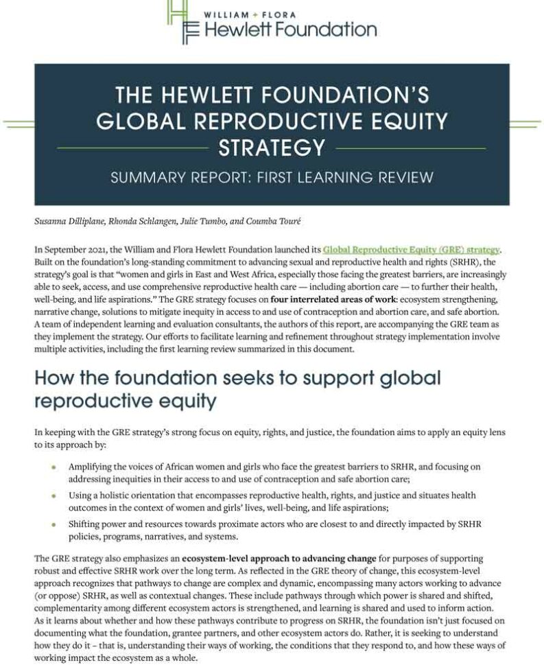 The Hewlett Foundation's Global Reproductive Equity Strategy report first page in English