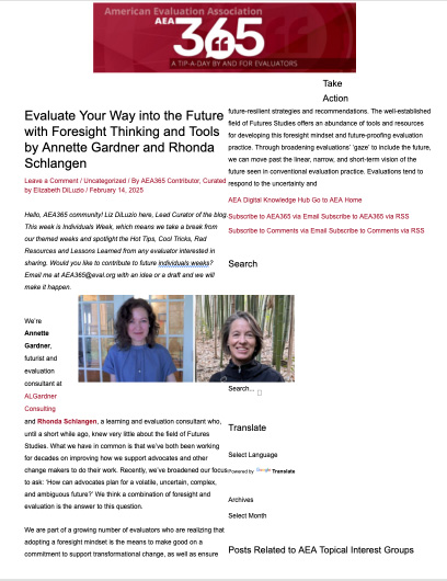 Evaluate Your Way into the Future with Foresight Thinking and Tools by Annette Gardner and Rhonda Schlangen – AEA365 cover